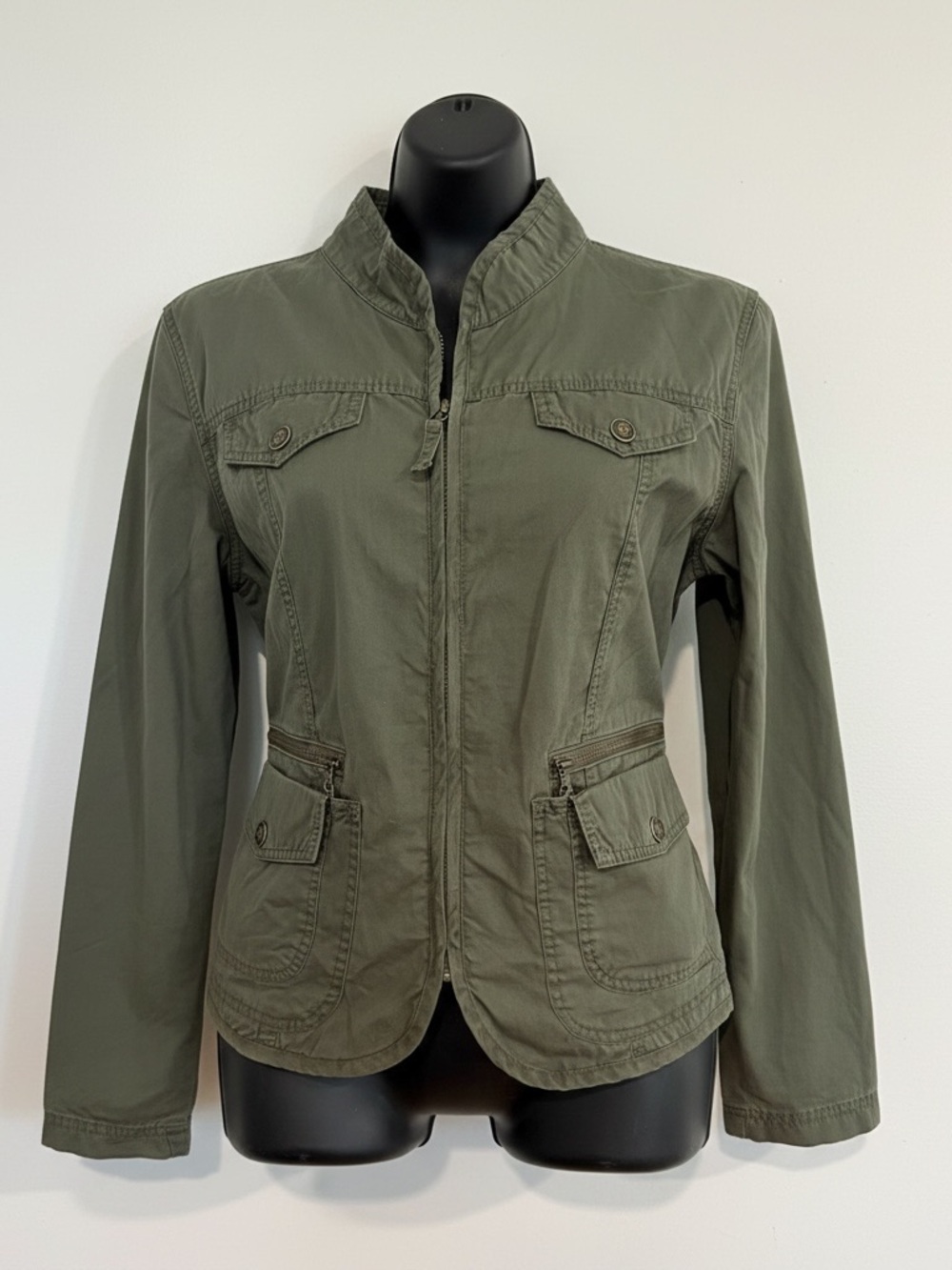 Women's Olive Utility Zip Jacket with Flap Pockets